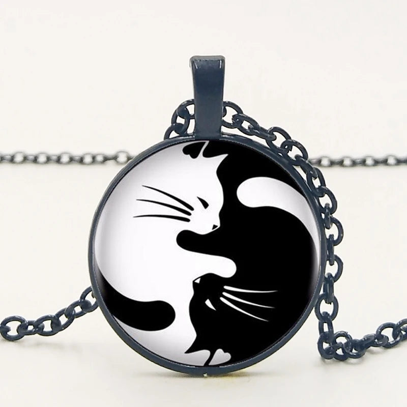 Black &amp; White Cat Glass Pendant Necklace, 3 colors