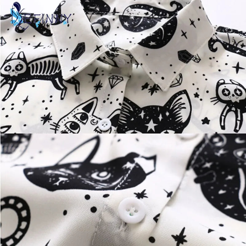 Button-Up Long Sleeve Black &amp; White Cat and Stars Shirt