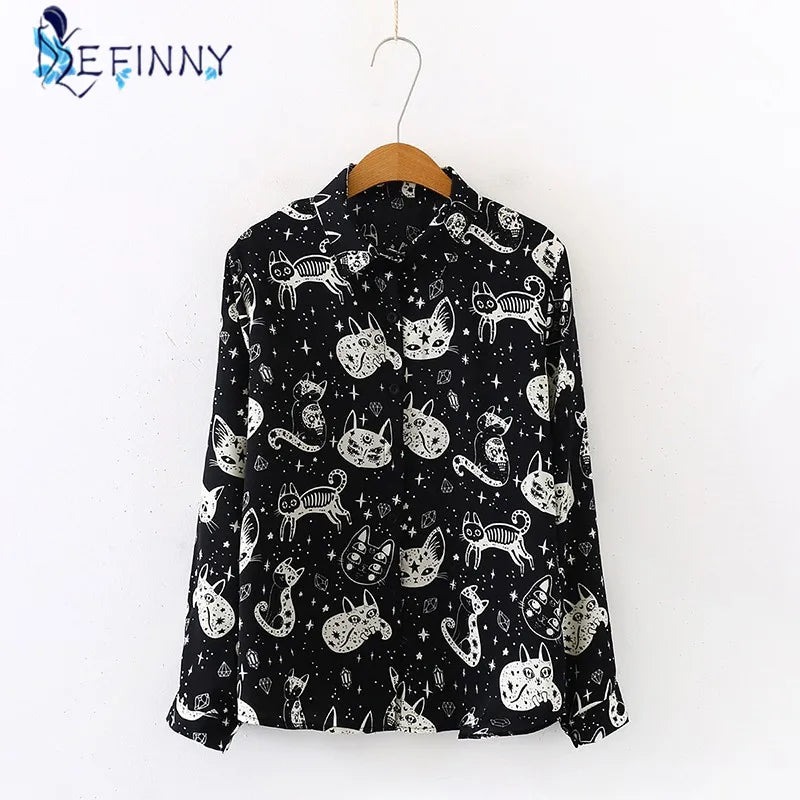 Button-Up Long Sleeve Black &amp; White Cat and Stars Shirt