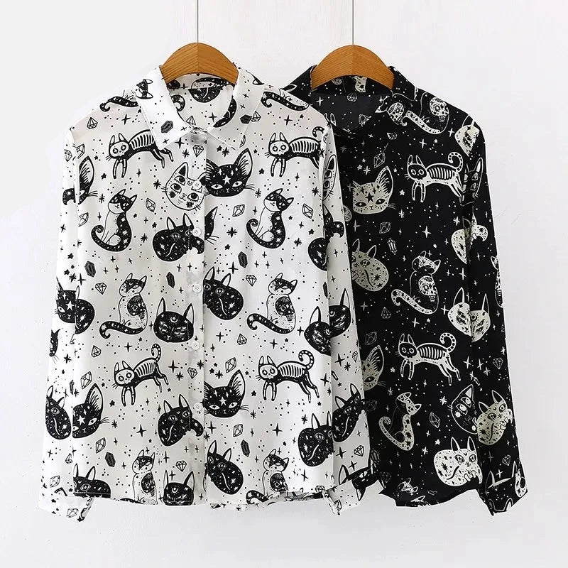 Button-Up Long Sleeve Black &amp; White Cat and Stars Shirt