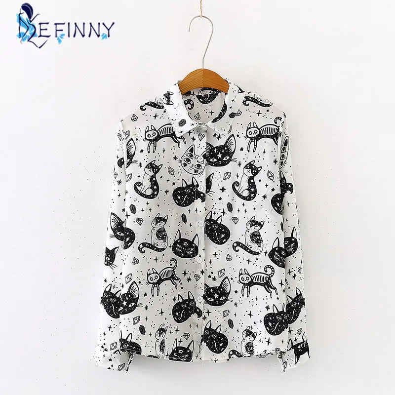 Button-Up Long Sleeve Black &amp; White Cat and Stars Shirt