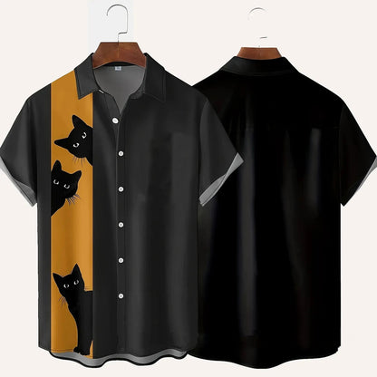 Black Cat Button-Up Shirt, 3 Colors, S-3XL