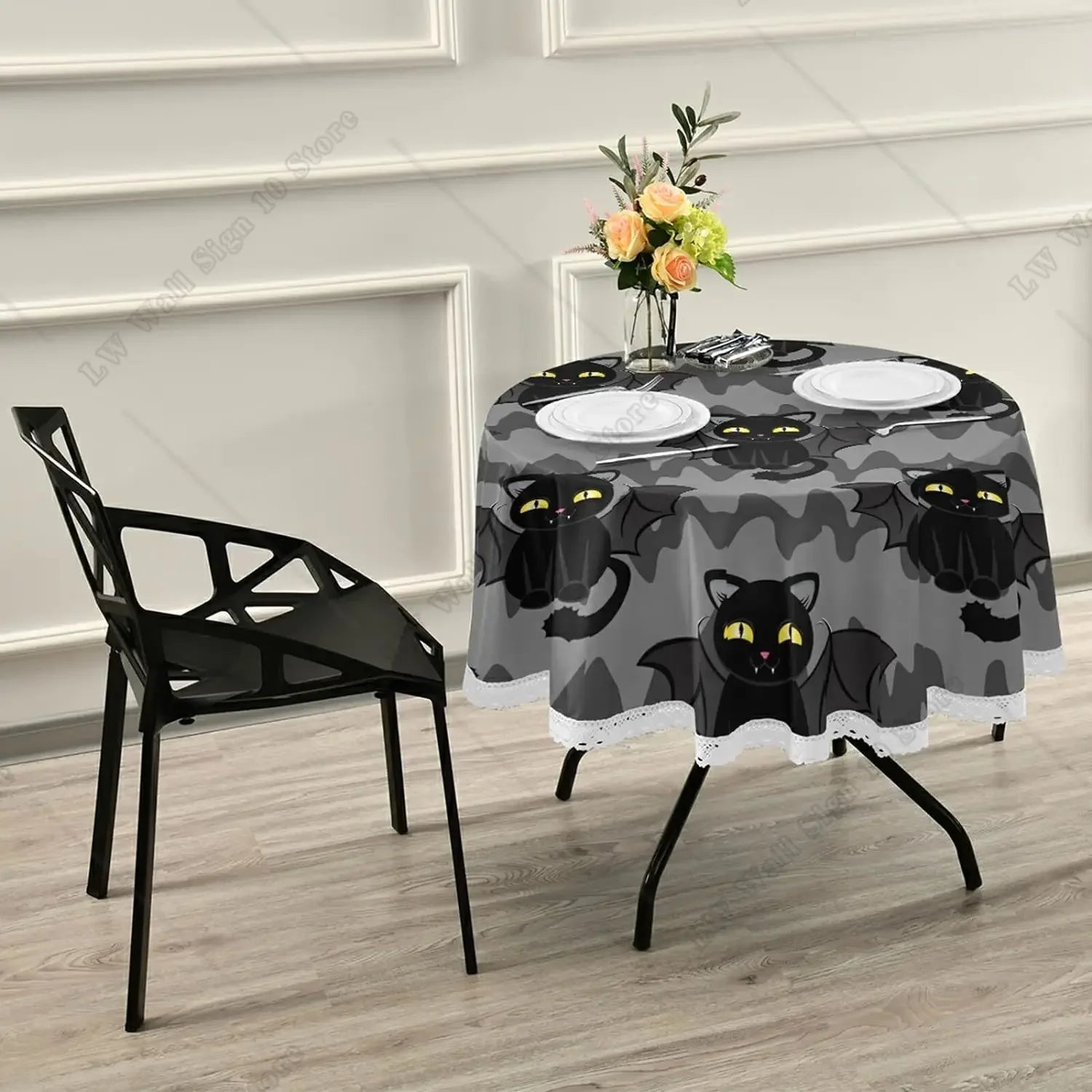 Halloween Bat Wings Cat Round Tablecloth