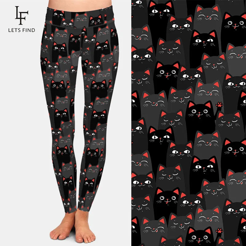 Black and Gray Cats Print Leggings, 3 Sizes