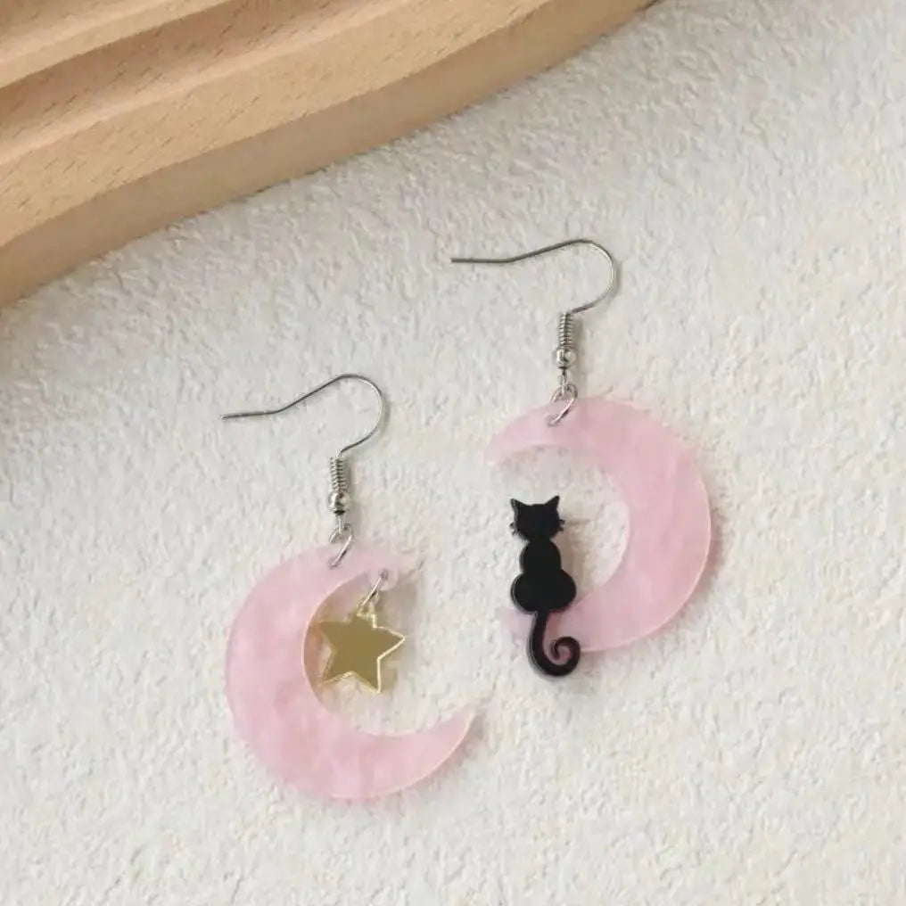 Acrylic Moon &amp; Cat Dangle Earrings, 4 Colors