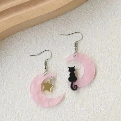 Acrylic Moon &amp; Cat Dangle Earrings, 4 Colors