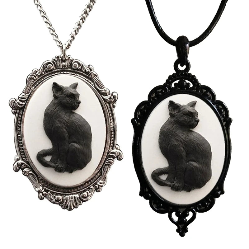 Vintage Style Gothic Black Cat Cameo Necklace