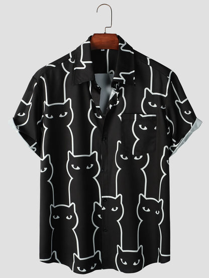 Cats Outline Black Print Button-Up Shirt, S-5XL