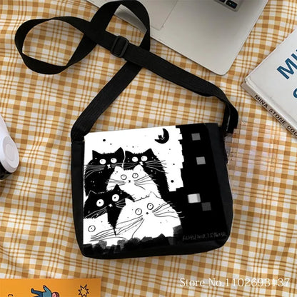 Cute Black And White Cat Printed Shoulder Bag, 2 Designs