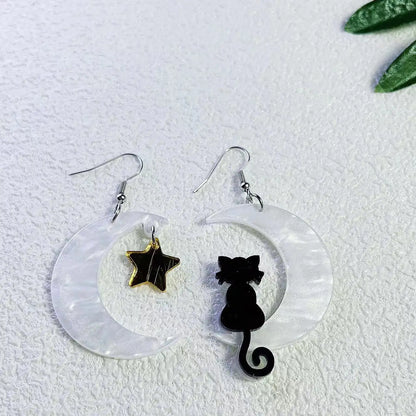 Acrylic Moon &amp; Cat Dangle Earrings, 4 Colors