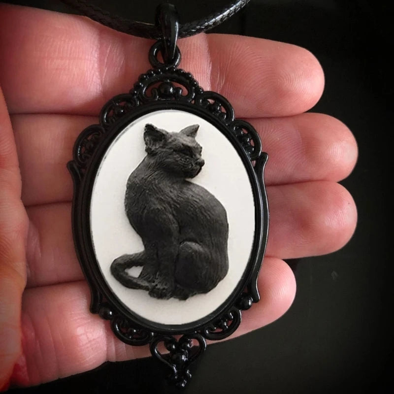 Vintage Style Gothic Black Cat Cameo Necklace