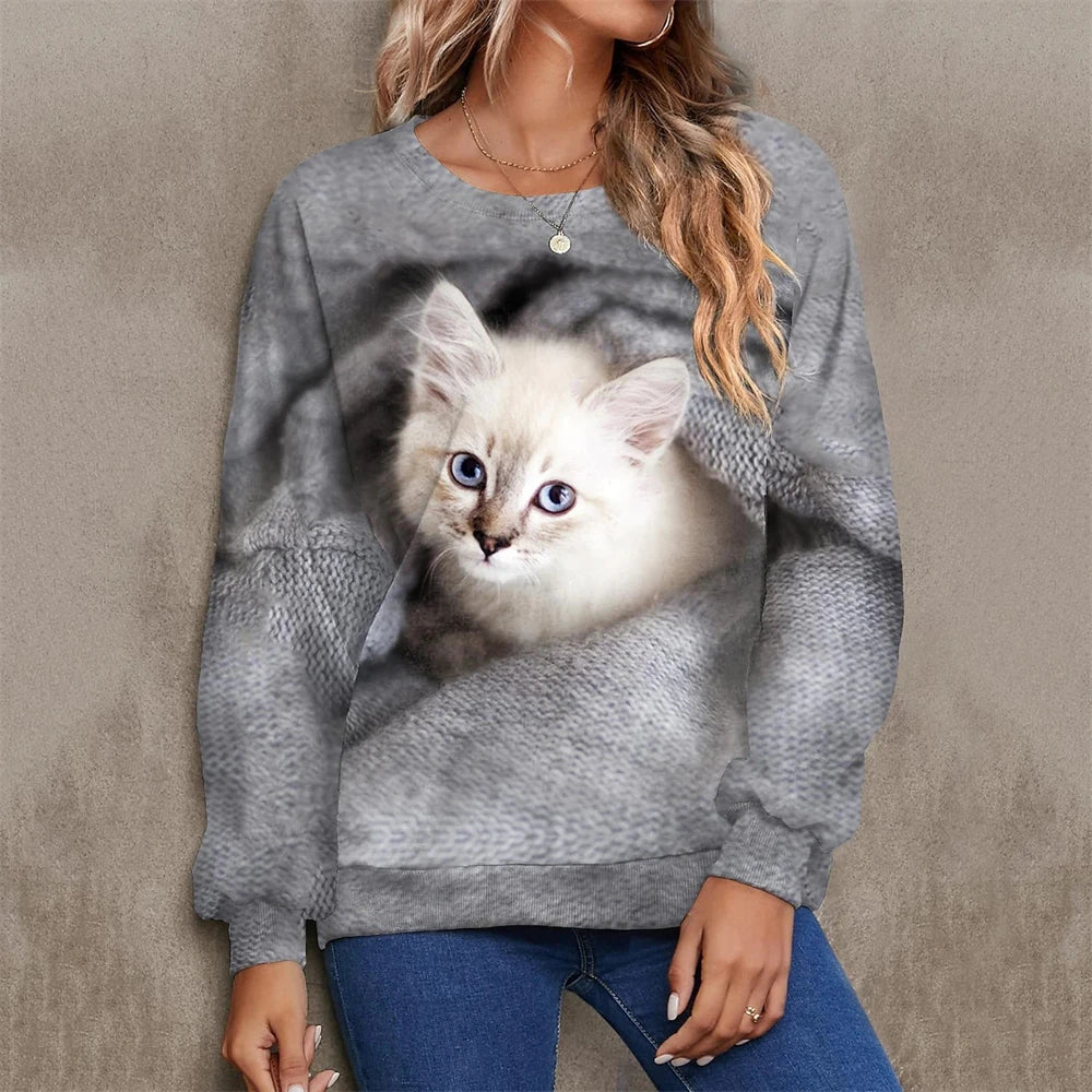 Realistic Cat Print Long Sleeve Tee, 20 Designs, S-2XL