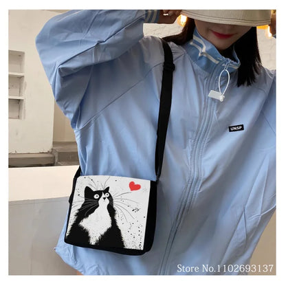 Cute Black And White Cat Printed Shoulder Bag, 2 Designs