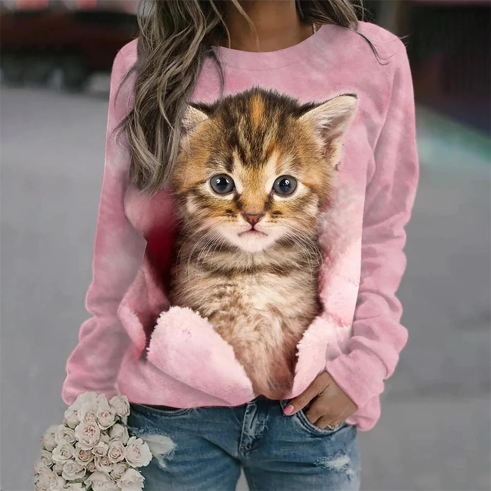 Realistic Cat Print Long Sleeve Tee, 20 Designs, S-2XL