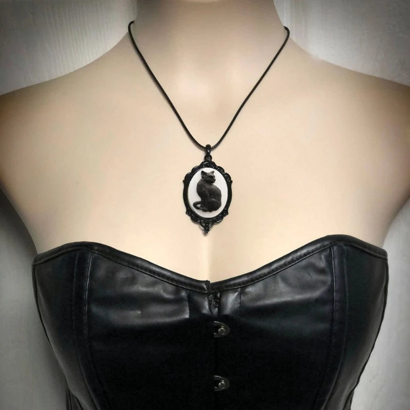 Vintage Style Gothic Black Cat Cameo Necklace