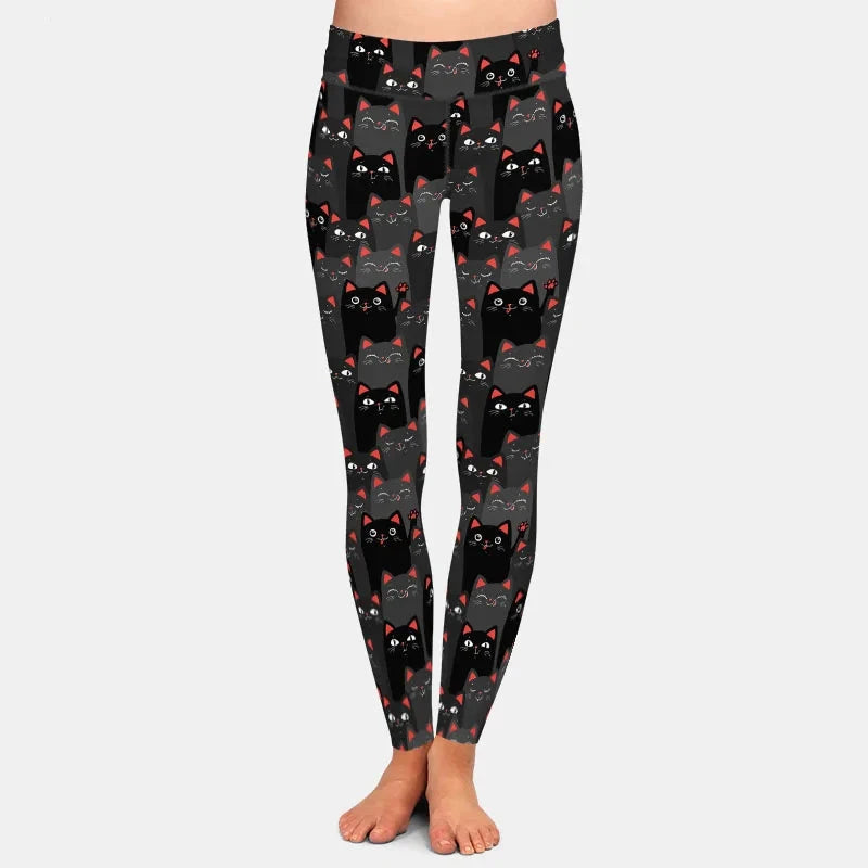 Black and Gray Cats Print Leggings, 3 Sizes