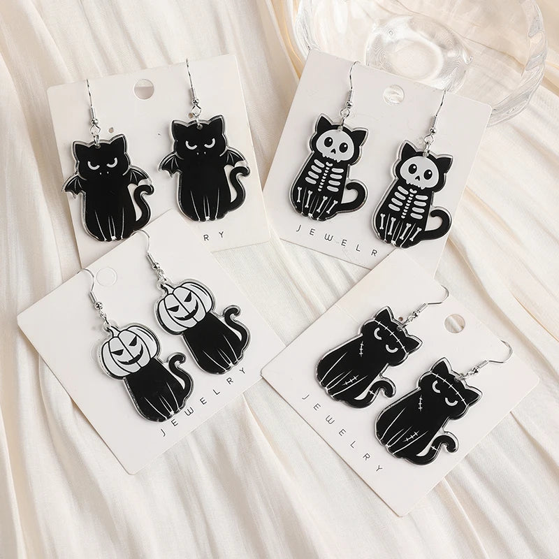 Black Cat Halloween Dangle Earrings, 8 Designs