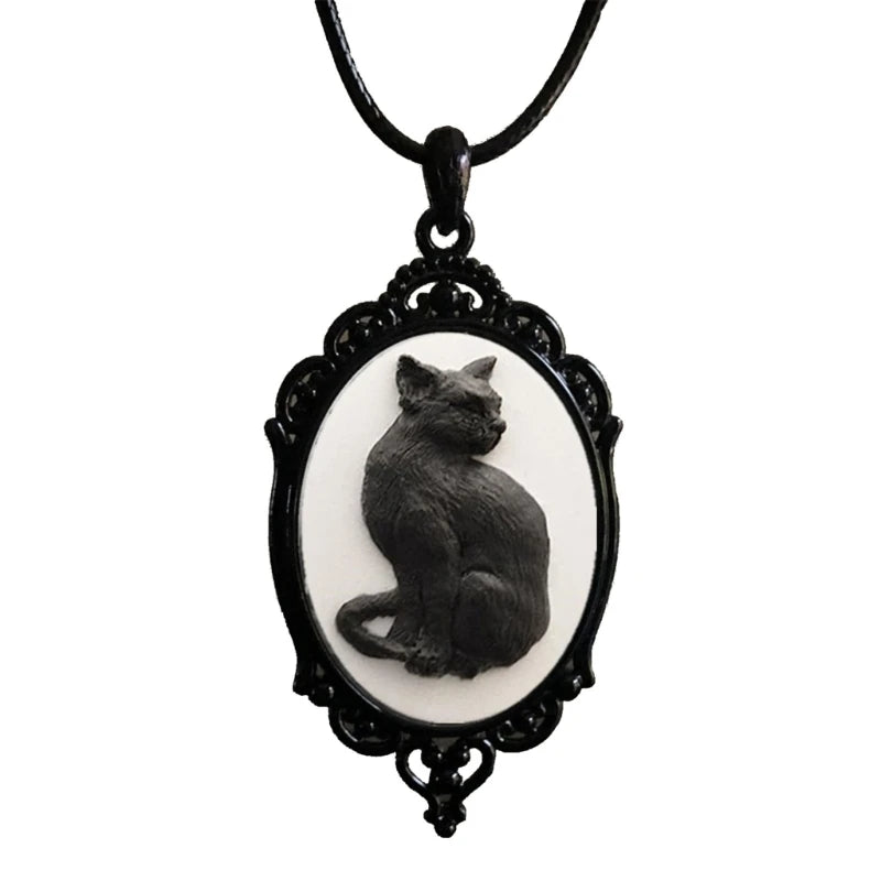 Vintage Style Gothic Black Cat Cameo Necklace