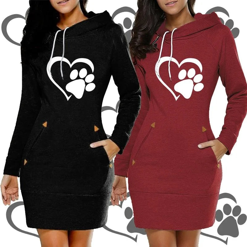 Paw Print &amp; Heart Hooded Mini Dress, 5 Colors, S-3XL