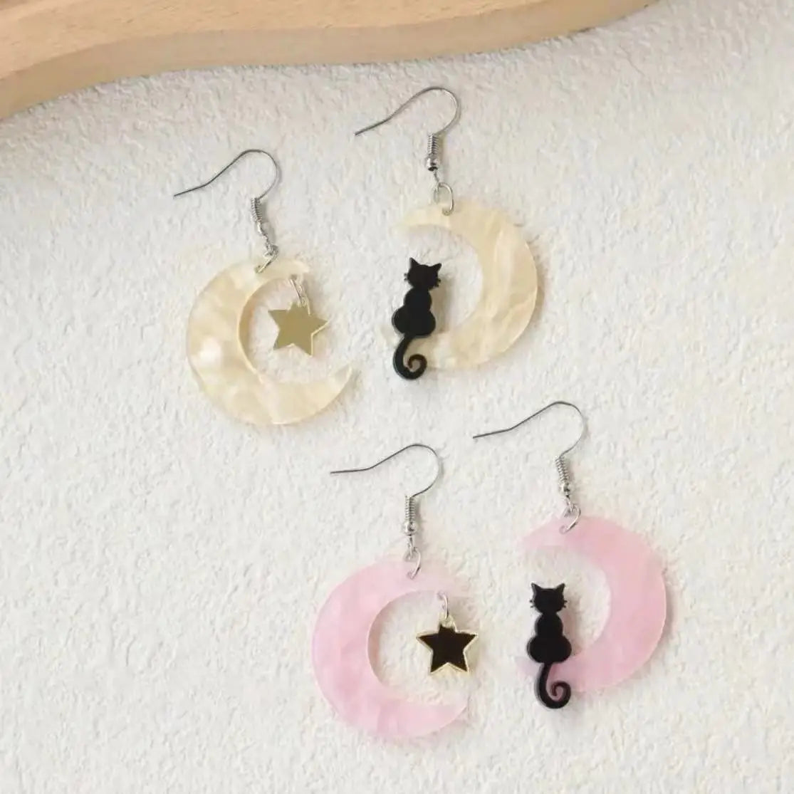 Acrylic Moon &amp; Cat Dangle Earrings, 4 Colors