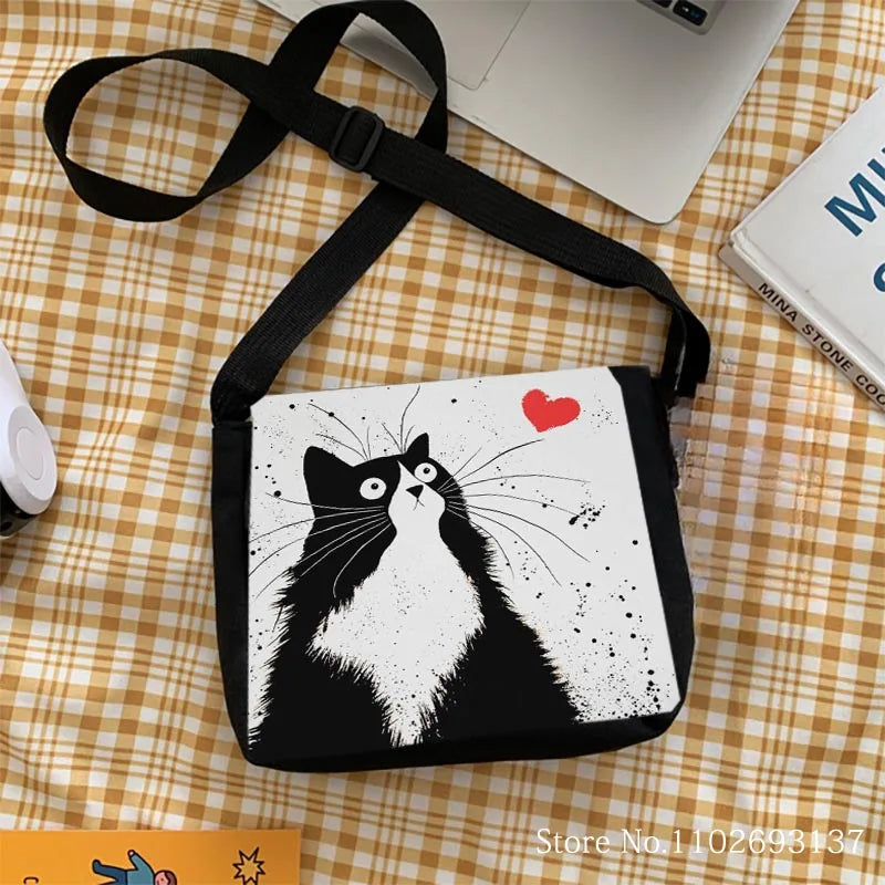 Cute Black And White Cat Printed Shoulder Bag, 2 Designs