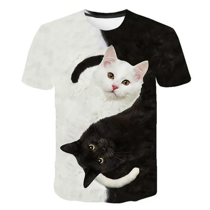 Black &amp; white Cat Print Casual T-shirt, S-2XL