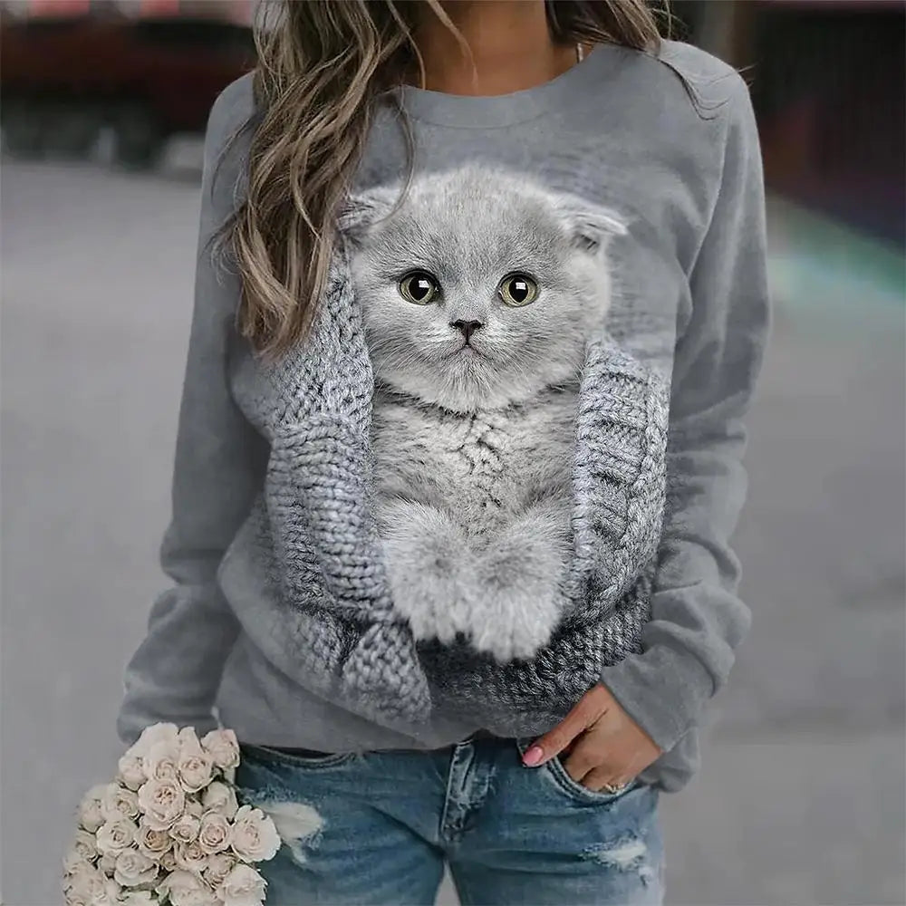 Realistic Cat Print Long Sleeve Tee, 20 Designs, S-2XL