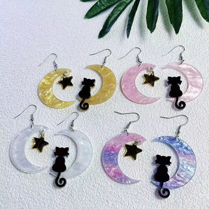 Acrylic Moon &amp; Cat Dangle Earrings, 4 Colors