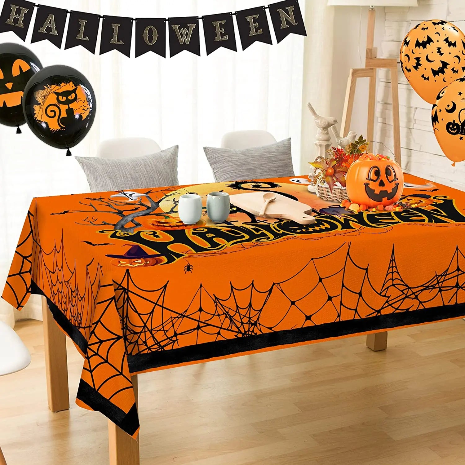 Halloween Cat and Pumpkin Rectangle Tablecloth