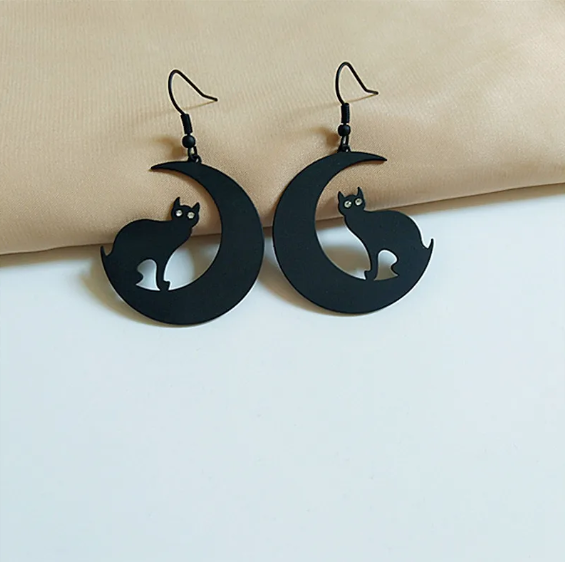 Black Cat &amp; Moon Dangle Earring, 2 Designs