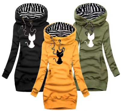 Cat Silhouette Print Hooded Dress, 4 Colors, S-3XL