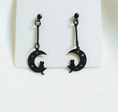 Black Cat &amp; Moon Dangle Earring, 2 Designs