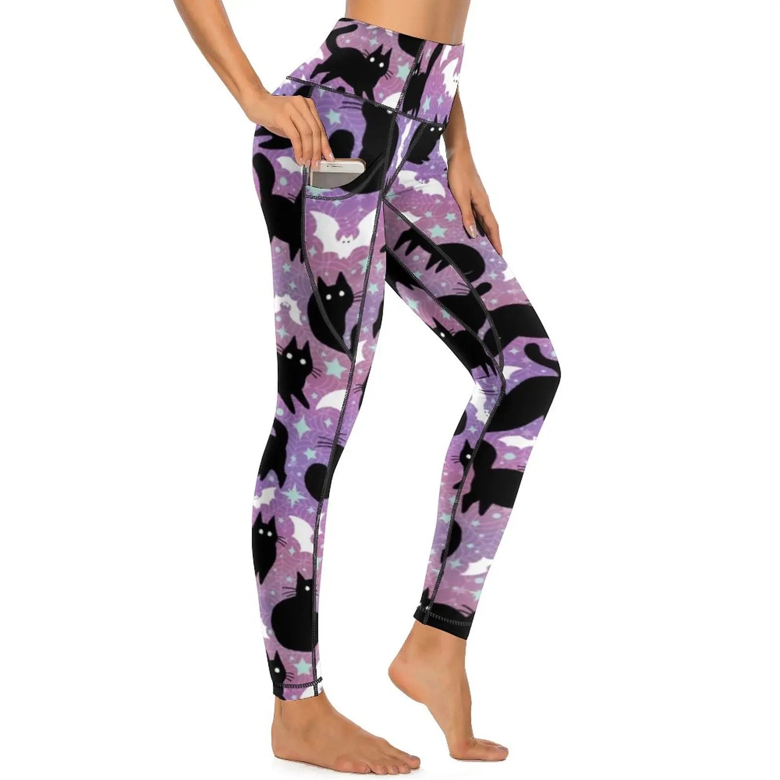 Black Cat Colorful Leggings, S-2XL,  16 Designs