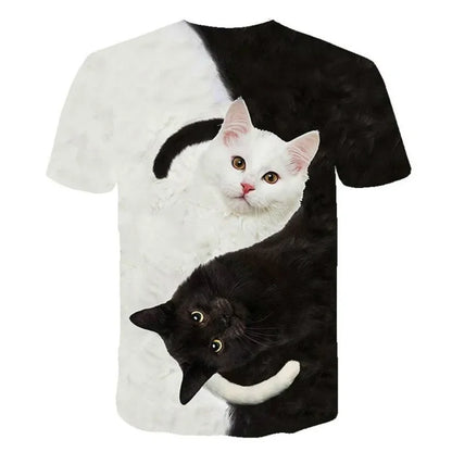 Black &amp; white Cat Print Casual T-shirt, S-2XL