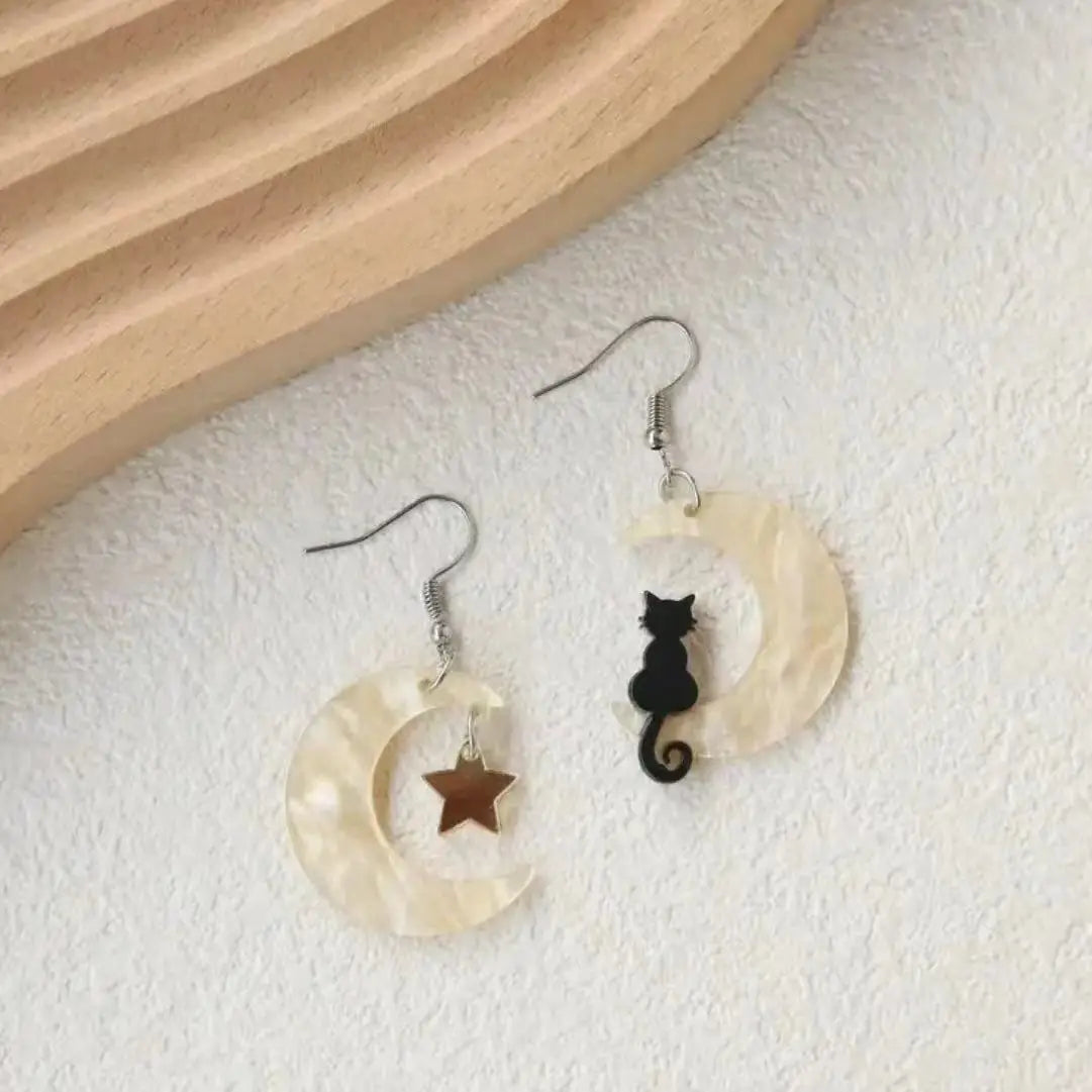 Acrylic Moon &amp; Cat Dangle Earrings, 4 Colors