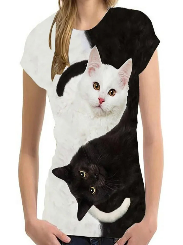 Black &amp; white Cat Print Casual T-shirt, S-2XL