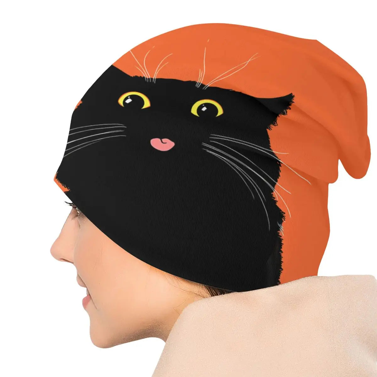 Cute Black Cat Unisex Orange Beanie