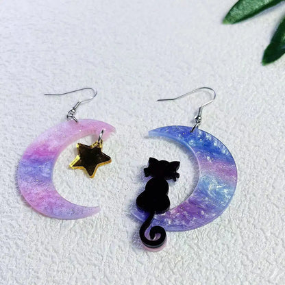 Acrylic Moon &amp; Cat Dangle Earrings, 4 Colors