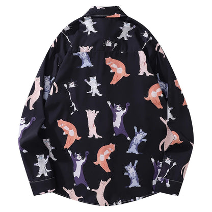 Cat Printed Button-Up Long Sleeve Shirt for men, 2 Colors, M-2XL