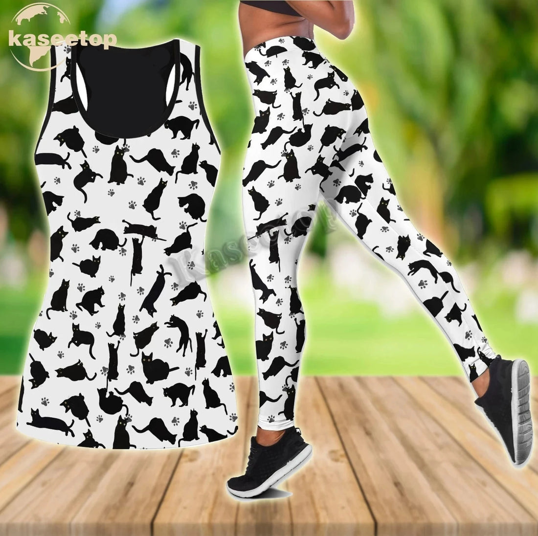 Black &amp; white cat print Tank Top and Leggings Set, XS-6XL