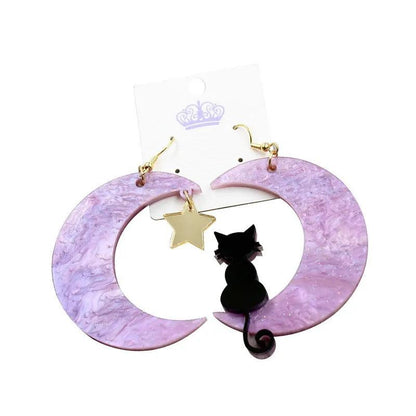 Acrylic Black Cat Crescent Moon Drop Earrings, 3 Colors - Just Cats - Gifts for Cat Lovers