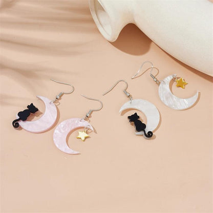 Acrylic Black Cat Crescent Moon Drop Earrings, 3 Colors - Just Cats - Gifts for Cat Lovers