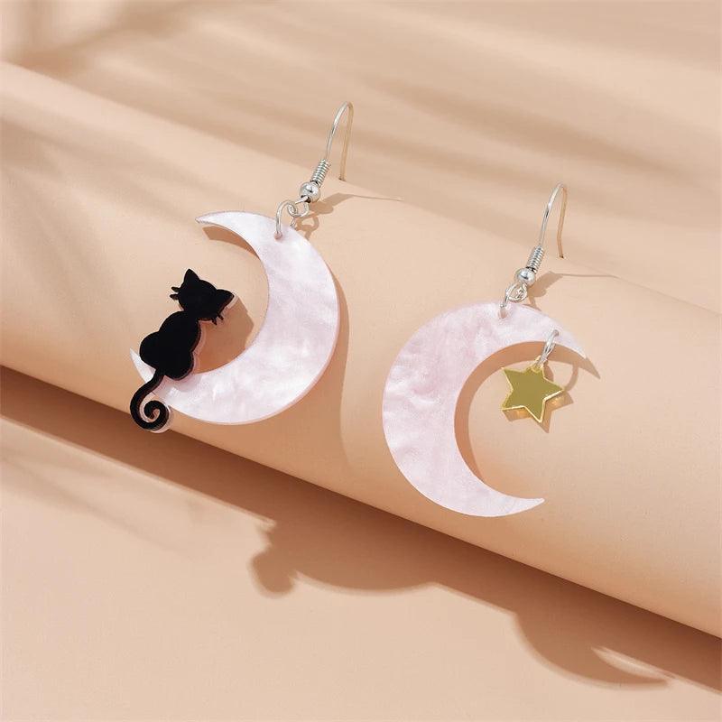 Acrylic Black Cat Crescent Moon Drop Earrings, 3 Colors - Just Cats - Gifts for Cat Lovers