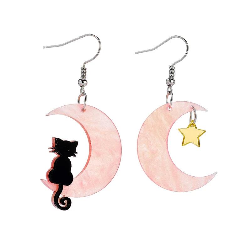 Acrylic Black Cat Crescent Moon Drop Earrings, 3 Colors - Just Cats - Gifts for Cat Lovers