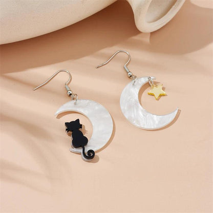 Acrylic Black Cat Crescent Moon Drop Earrings, 3 Colors - Just Cats - Gifts for Cat Lovers