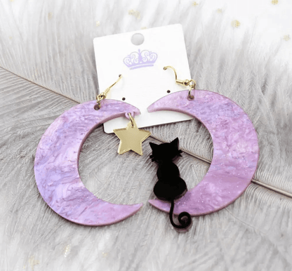 Acrylic Black Cat Crescent Moon Drop Earrings, 3 Colors - Just Cats - Gifts for Cat Lovers