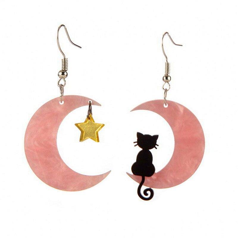 Acrylic Black Cat Crescent Moon Drop Earrings, Gold/Pink - Just Cats - Gifts for Cat Lovers