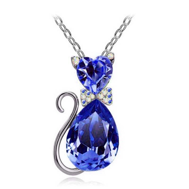 Austrian Crystal Cat Pendant Necklace, 12 colors - Just Cats - Gifts for Cat Lovers