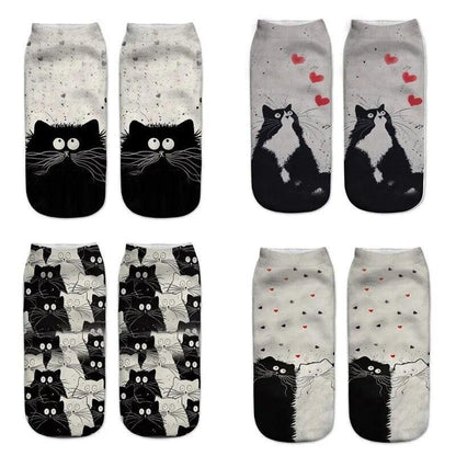 Black &amp; White Cartoon Cat Print Socks, 5 Designs - Just Cats - Gifts for Cat Lovers