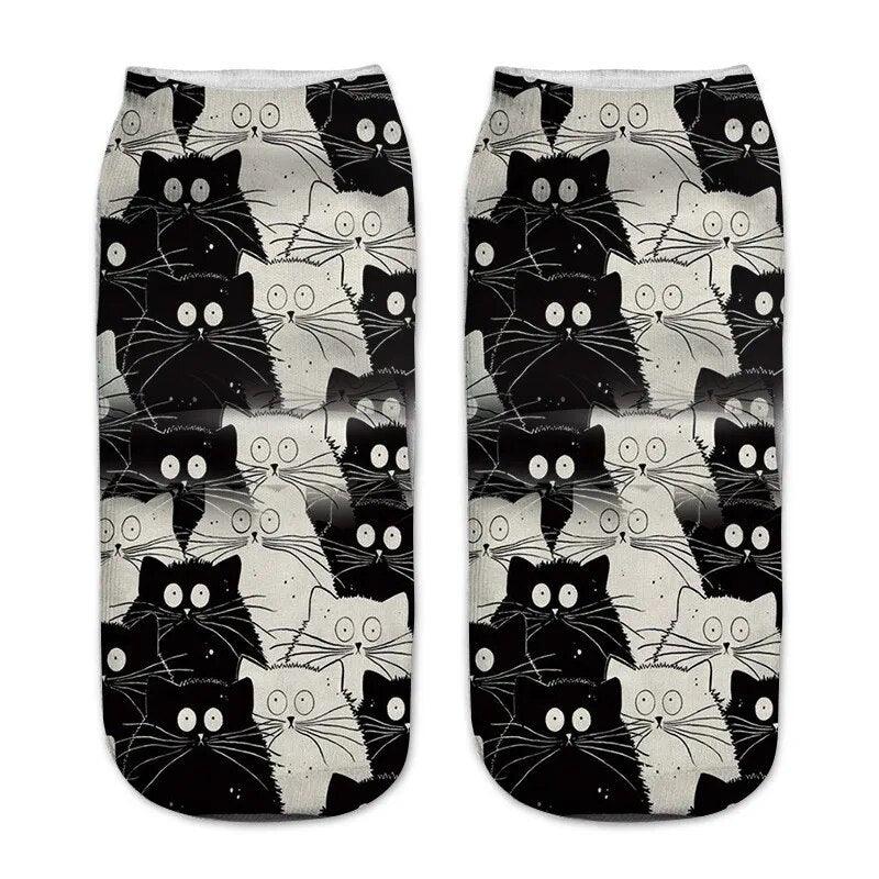 Black &amp; White Cartoon Cat Print Socks, 5 Designs - Just Cats - Gifts for Cat Lovers